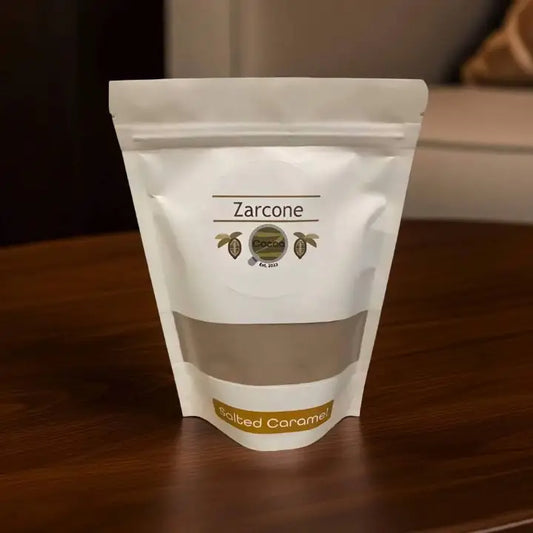 Zarcone salted caramel product packaging on a wooden surface