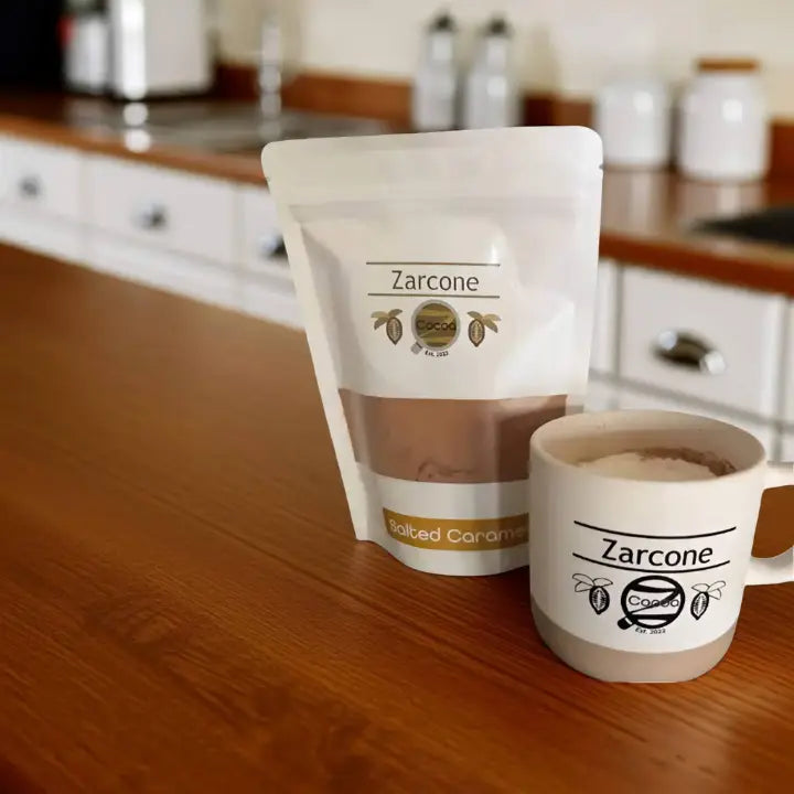 Zarcone Cocoa packaging and mug on a kitchen counter