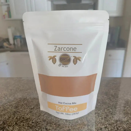 Zarcone Toffee hot cocoa mix package on a kitchen counter