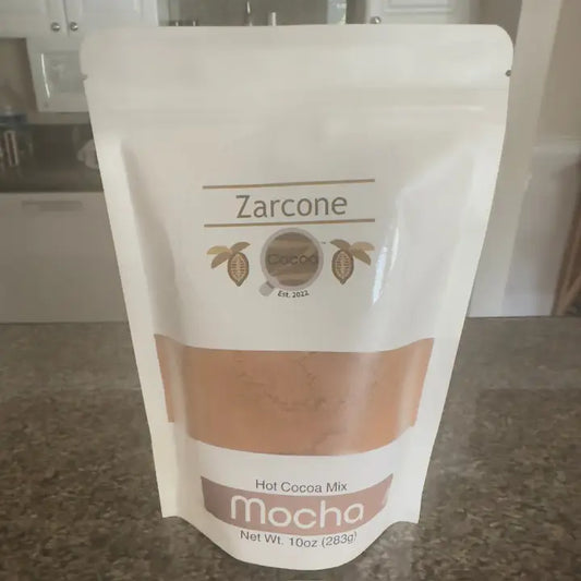Zarcone Mocha hot cocoa mix package on a kitchen counter