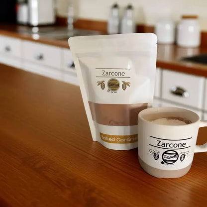 Zarcone Cocoa packaging and mug on a kitchen counter