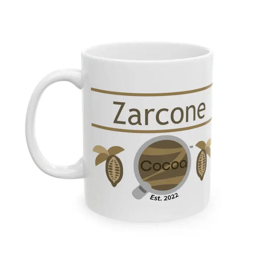 White mug with 'Zarcone Cocoa' branding and graphics on a white background