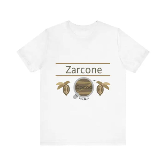 White t-shirt with Zarcone Cocoa design on a white background